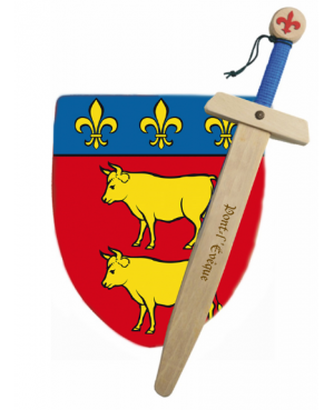 Bouclier-avec-épée-en-bois-Blason-Pont-l-Evêque-grand-format-Espadas-de-Madera